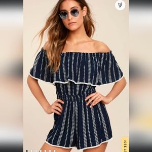 Lulu's See Ya There Navy Blue Print Off-the-Shoulder Romper